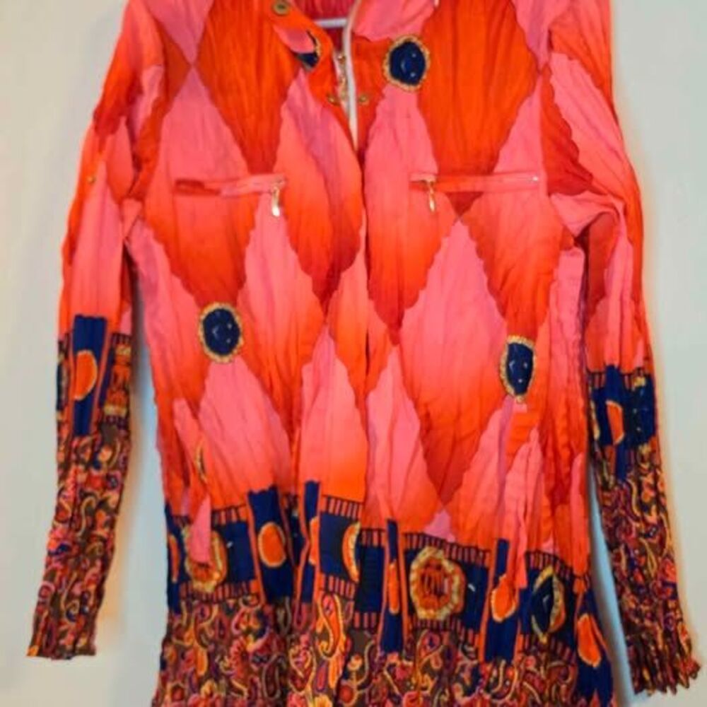 Vintage Lindi Vibrant Orange and Pink Paisley Crinkle Tunic Jacket